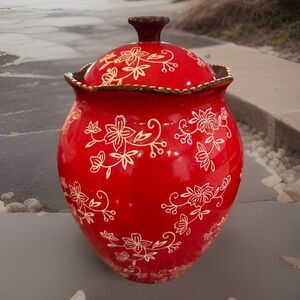 Temptations by Tara Red Floral Lace Cookie Jar 9” Tall Colorful  Brown. **read